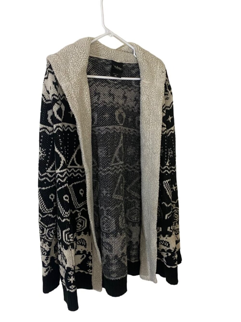 Harry Potter Horcux Fair Isle Sherpa Open Front Hooded Cardigan - Medium